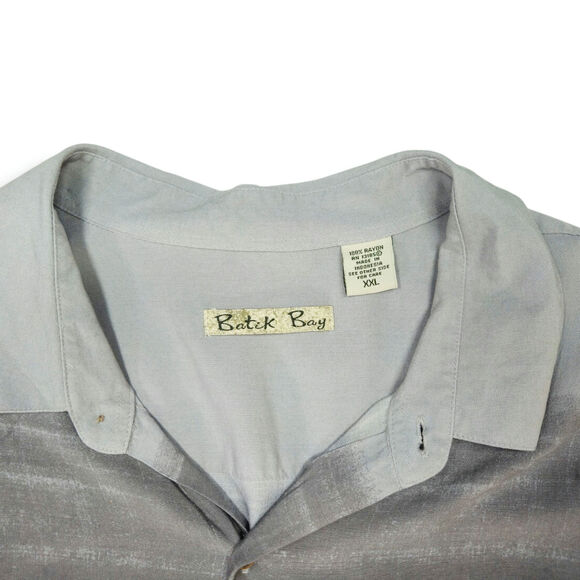 Batik Bay Rayon Hawaiian Aloha Camp Shirt Palm Tree Sunset Gray Tan Blue XXL - Picture 3 of 5